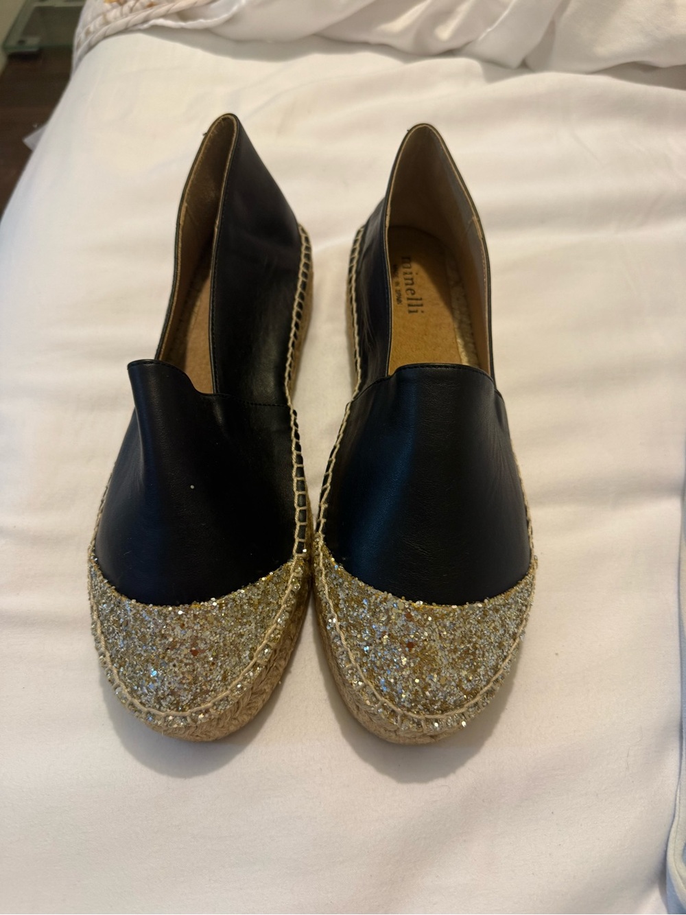 Minelli Black Espadrilles with Gold Glitter Toe